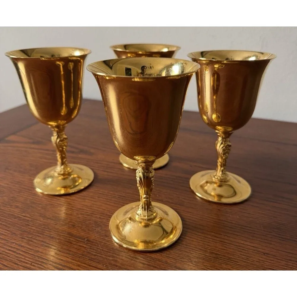 Set of 4 Vintage 24K Gold Plated Liqueur Cordial Goblets International Silver Co